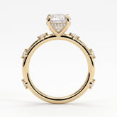 Oval lab-grown diamond halo engagement ring in 14K (585) yellow gold, side profile 