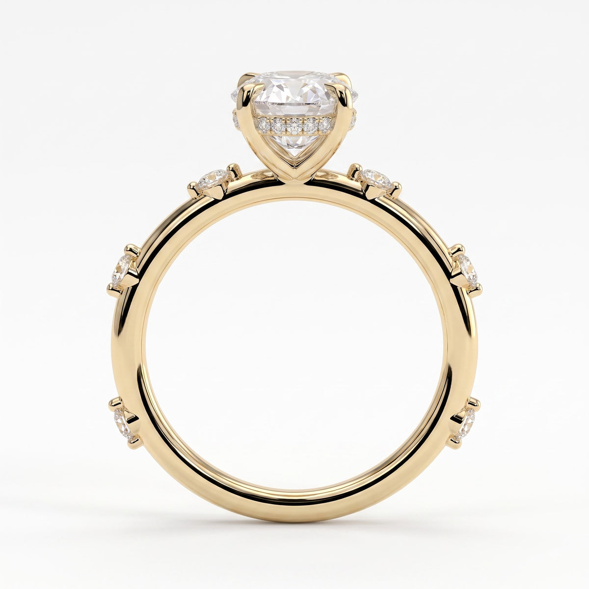 Oval lab-grown diamond halo engagement ring in 14K (585) yellow gold, side profile 