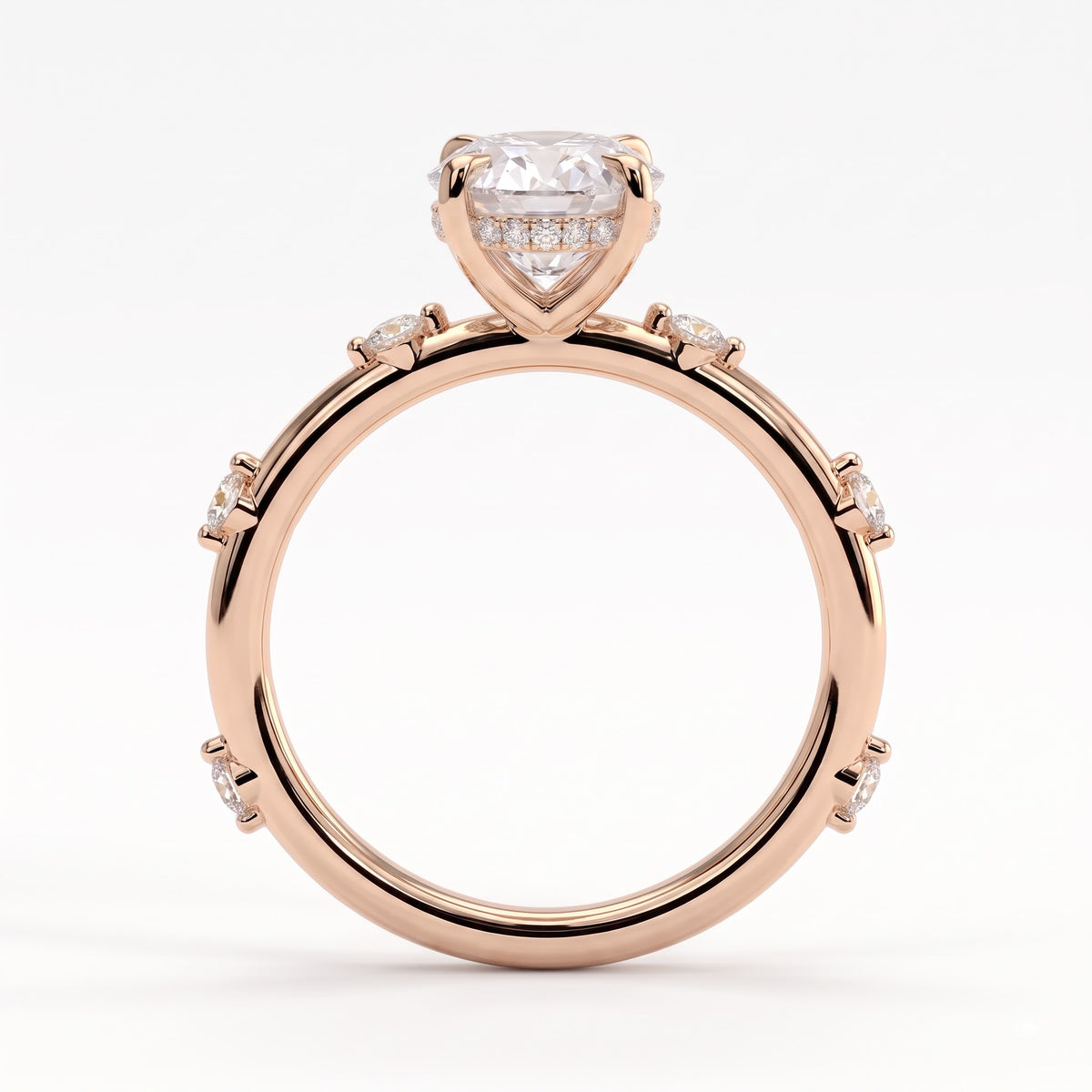 Oval lab-grown diamond halo engagement ring in 14K (585) rose gold, side profile 