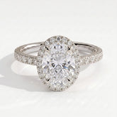 Oval lab-grown diamond halo engagement ring in 14K (585) white gold, front view 