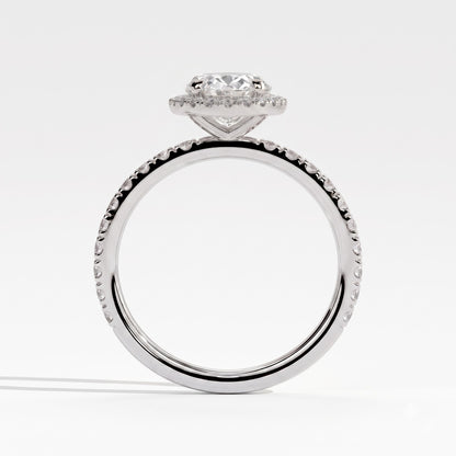Oval lab-grown diamond halo engagement ring in 14K (585) white gold, side profile 