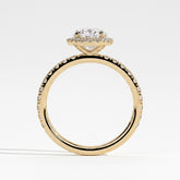 Oval lab-grown diamond halo engagement ring in 14K (585) yellow gold, side profile 