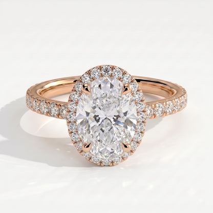 Oval lab-grown diamond halo engagement ring in 14K (585) rose gold, front view 