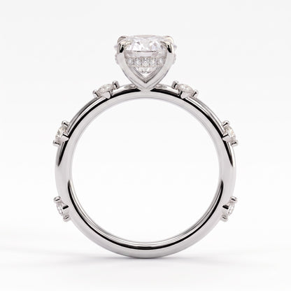 Oval lab-grown diamond halo engagement ring in 18K (750) white gold, side profile 