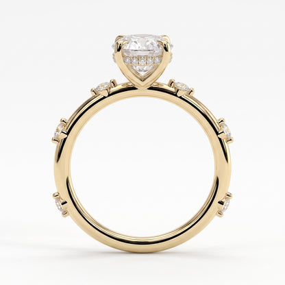 Oval lab-grown diamond halo engagement ring in 18K (750) yellow gold, side profile 