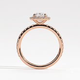 Oval lab-grown diamond halo engagement ring in 18K (750) rose gold, side profile 
