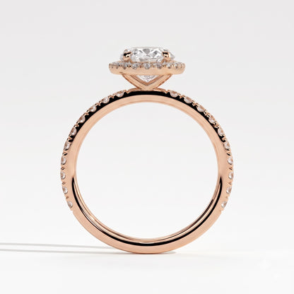 Oval lab-grown diamond halo engagement ring in 18K (750) rose gold, side profile 