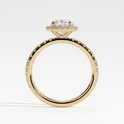 Oval lab-grown diamond halo engagement ring in 18K (750) yellow gold, side profile 