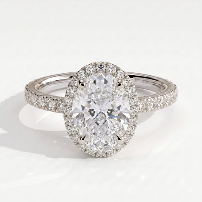 Oval lab-grown diamond halo engagement ring in 18K (750) white gold, front view 