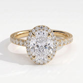 Oval lab-grown diamond halo engagement ring in 18K (750) yellow gold, front view 