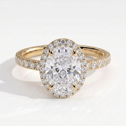 Oval lab-grown diamond halo engagement ring in 18K (750) yellow gold, front view 