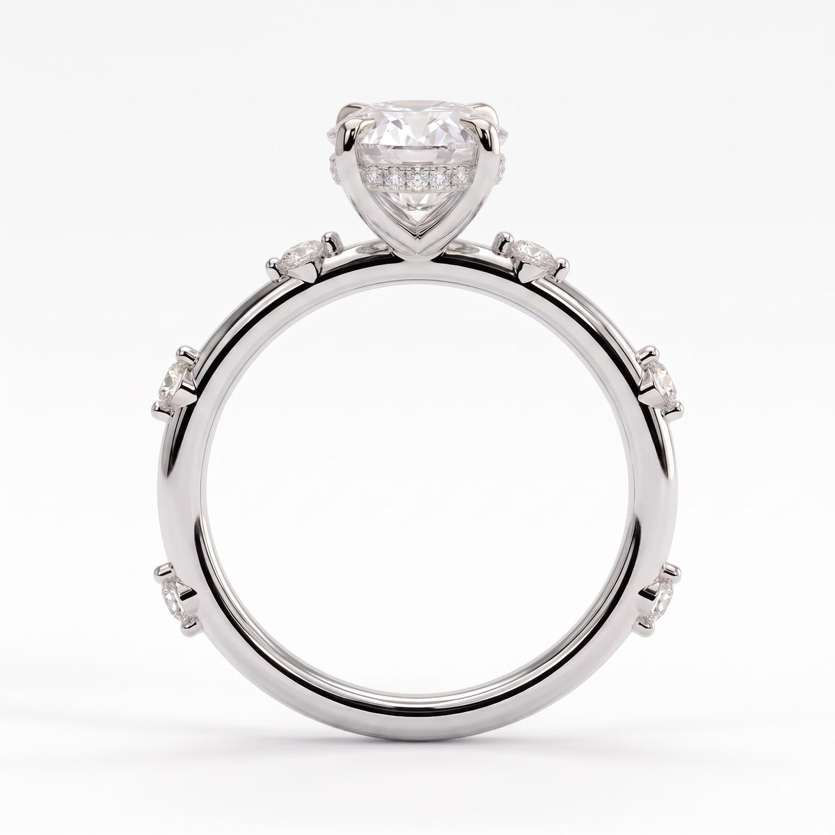 Oval lab-grown diamond halo engagement ring in 950 platinum, side profile 