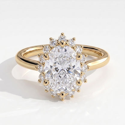 Oval lab-grown diamond halo engagement ring in 14K (585) yellow gold, front view 