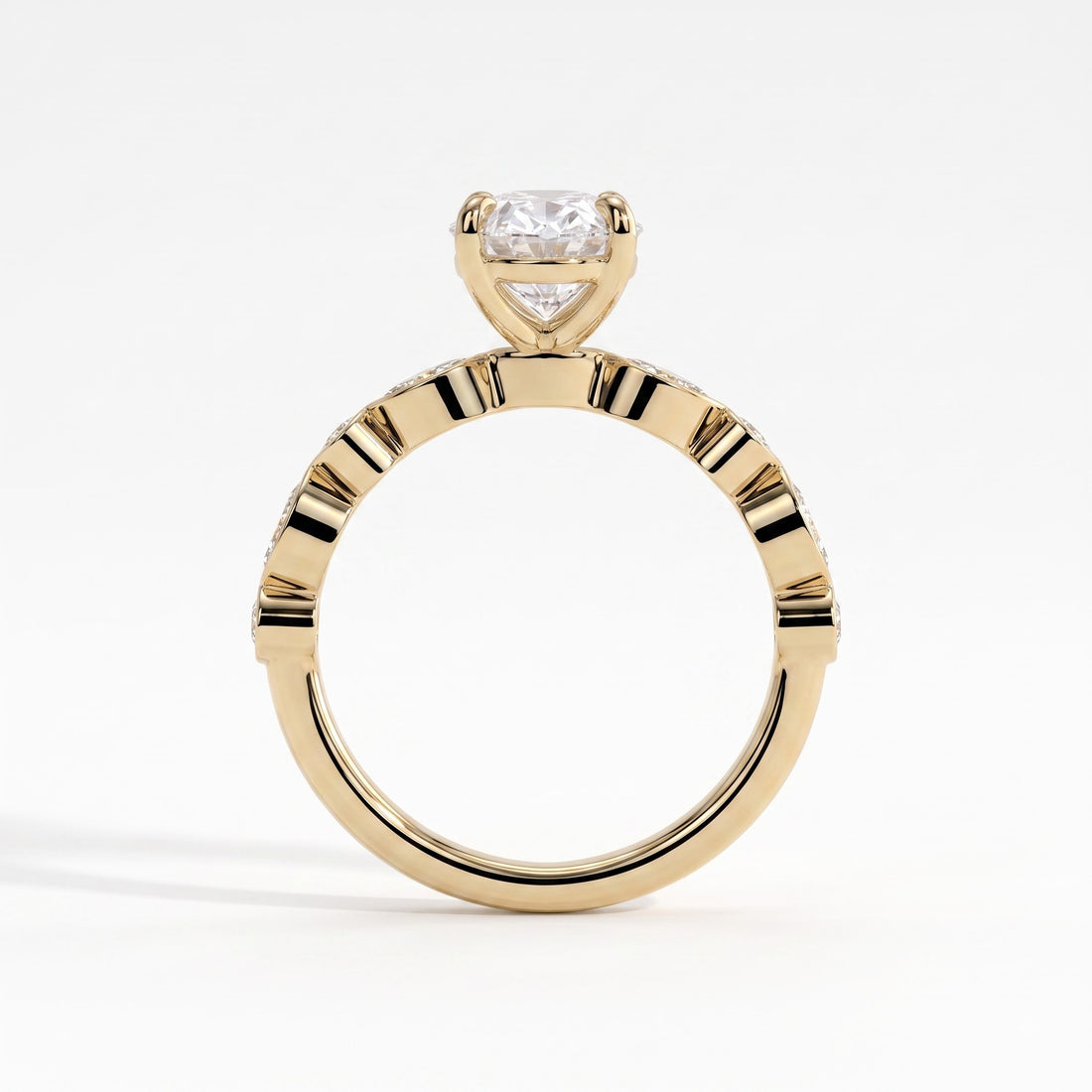 Oval lab-grown diamond bezel-set halo engagement ring in 14K (585) yellow gold, side profile 