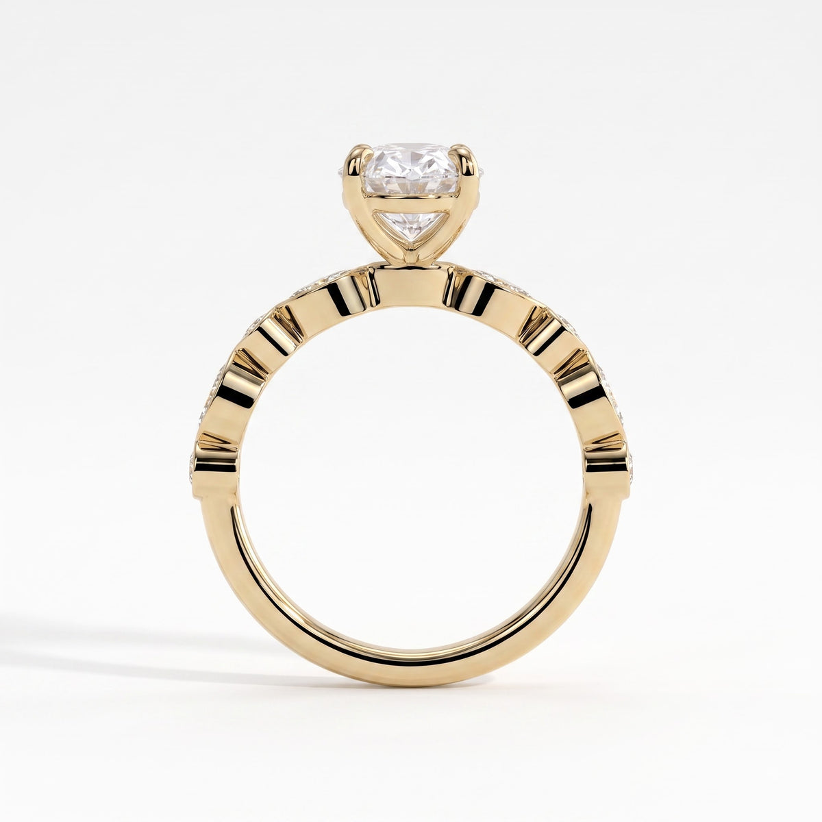 Oval lab-grown diamond bezel-set halo engagement ring in 14K (585) yellow gold, side profile 