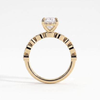 Oval lab-grown diamond bezel-set halo engagement ring in 14K (585) yellow gold, side profile 