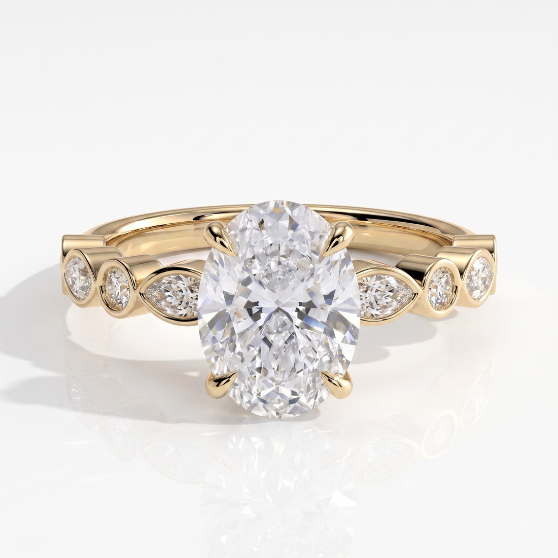 Oval lab-grown diamond bezel-set halo engagement ring in 14K (585) yellow gold, front view 