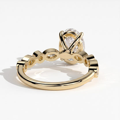 Oval lab-grown diamond bezel-set halo engagement ring in 14K (585) yellow gold, detail view 