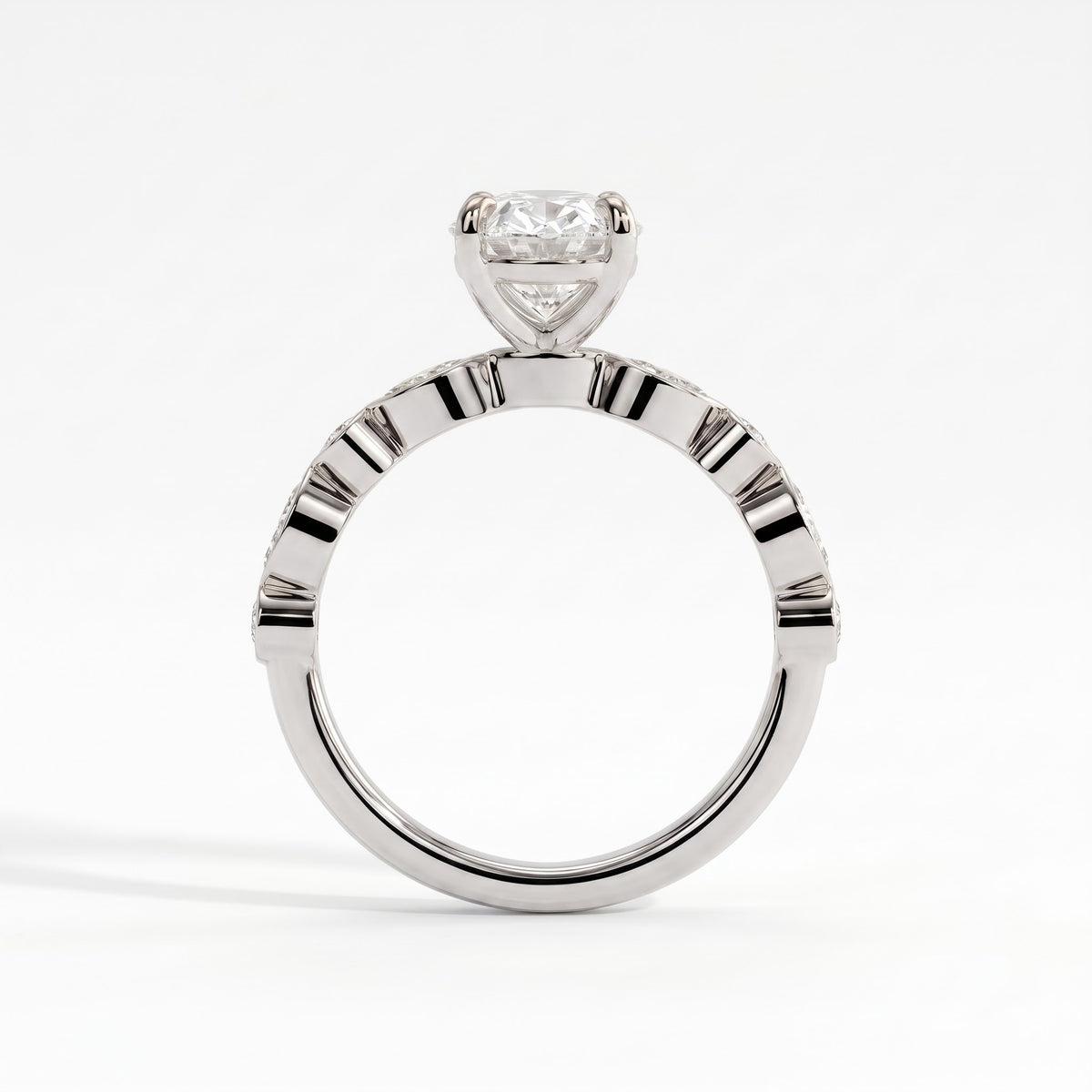 Oval lab-grown diamond bezel-set halo engagement ring in 14K (585) white gold, side profile 
