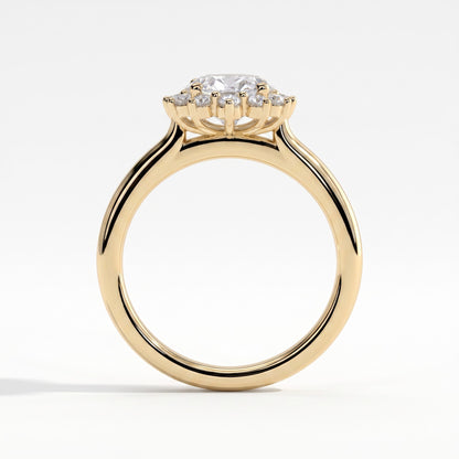 Oval lab-grown diamond halo engagement ring in 14K (585) yellow gold, side profile 