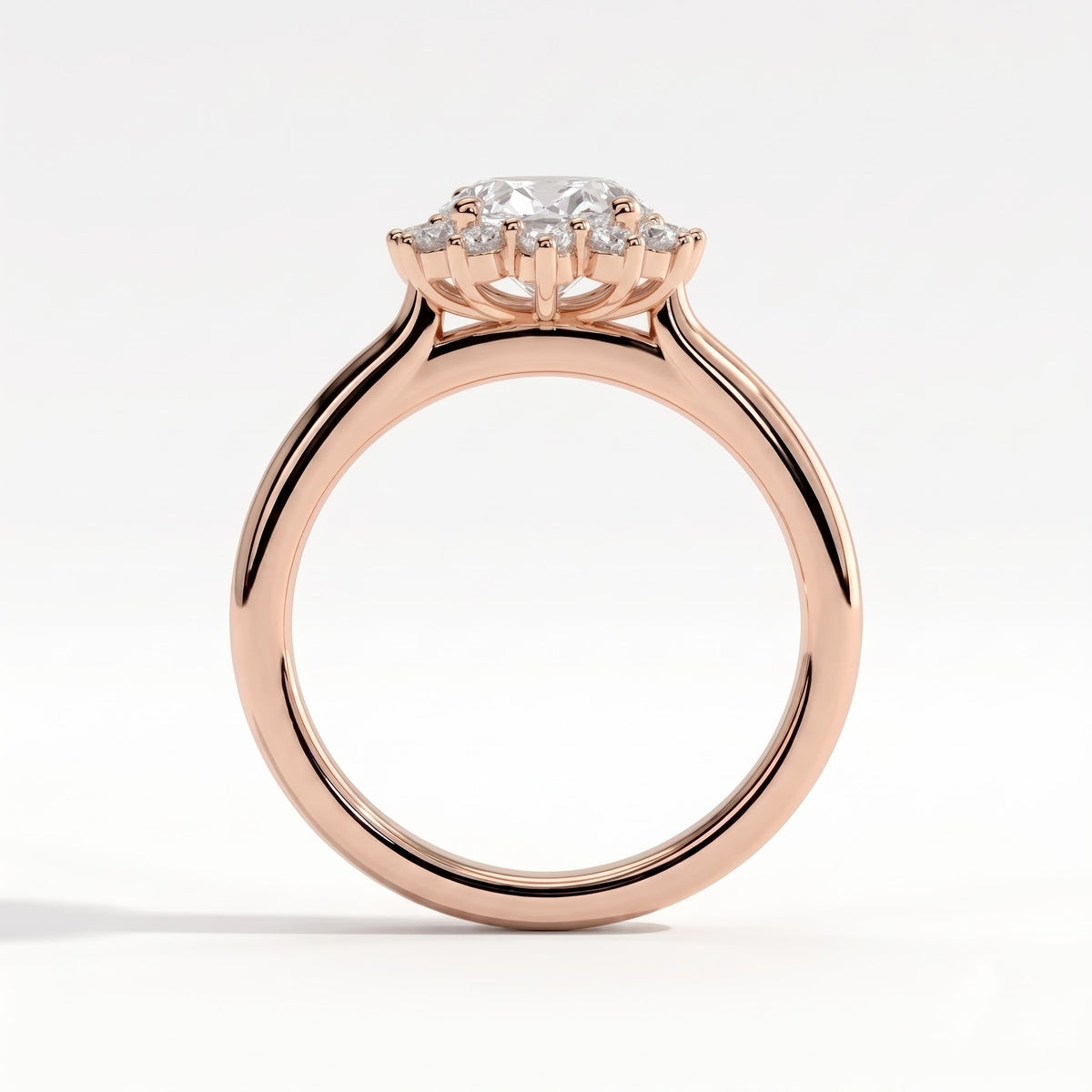 Oval lab-grown diamond halo engagement ring in 14K (585) rose gold, side profile 