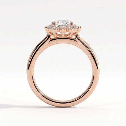 Oval lab-grown diamond halo engagement ring in 14K (585) rose gold, side profile 