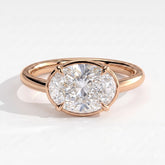 Oval lab-grown diamond bezel-set east-west solitaire engagement ring in 18K (750) rose gold, front view 