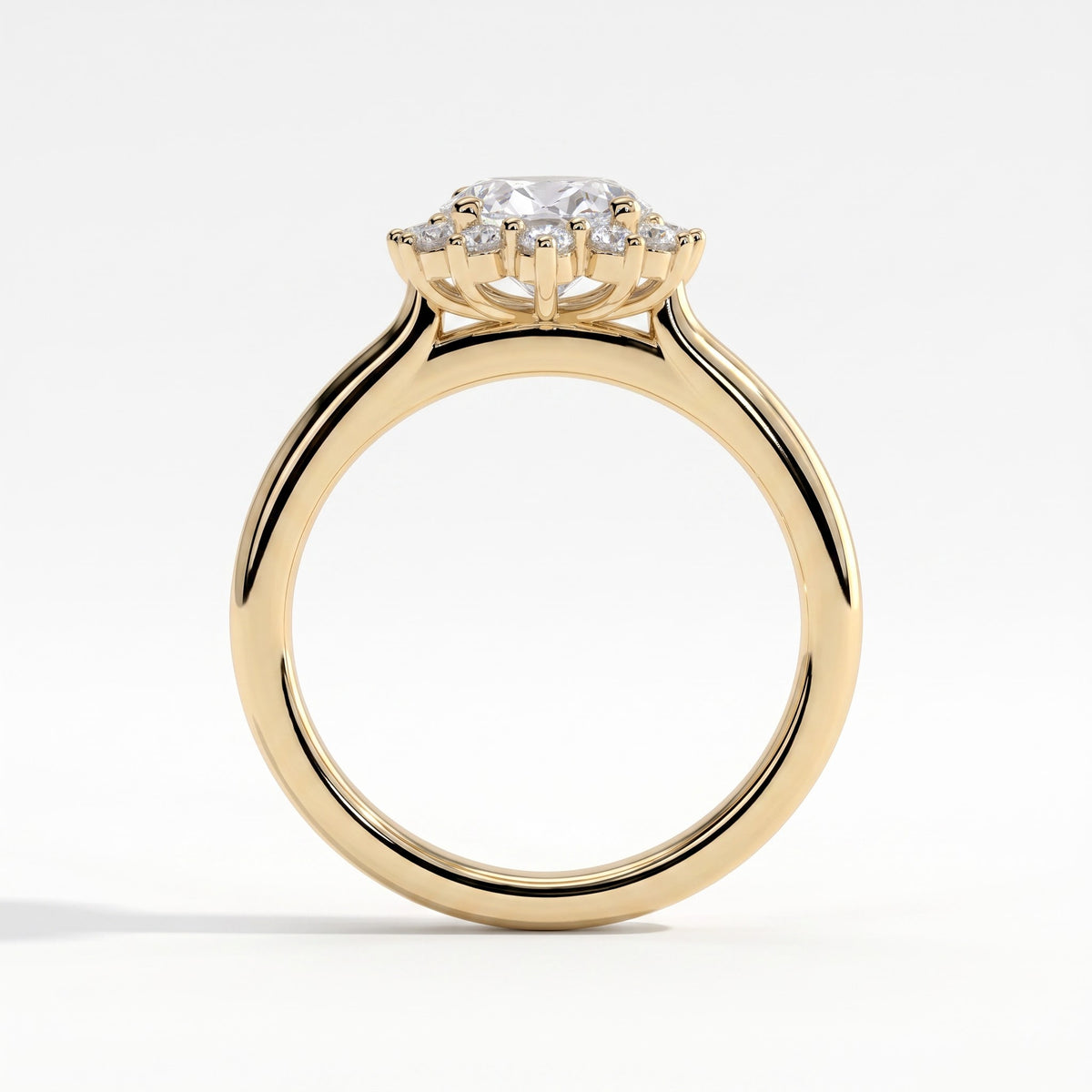 Oval lab-grown diamond halo engagement ring in 18K (750) yellow gold, side profile 