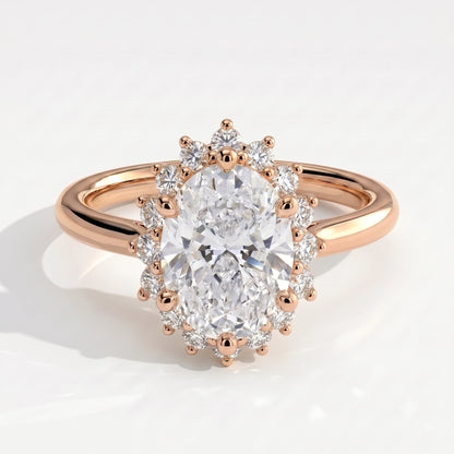Oval lab-grown diamond halo engagement ring in 18K (750) rose gold, front view 