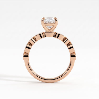 Oval lab-grown diamond bezel-set halo engagement ring in 18K (750) rose gold, side profile 
