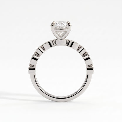 Oval lab-grown diamond bezel-set halo engagement ring in 950 platinum, side profile 
