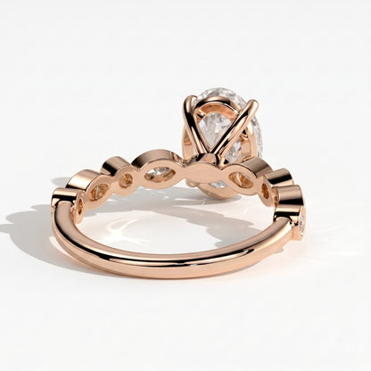 Oval lab-grown diamond bezel-set halo engagement ring in 18K (750) rose gold, on white background 