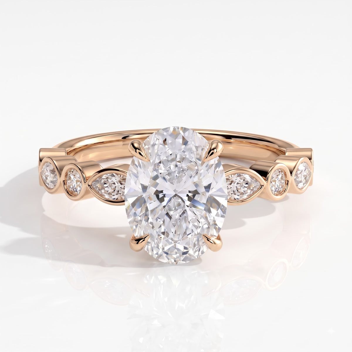 Oval lab-grown diamond bezel-set halo engagement ring in 18K (750) rose gold, front view 