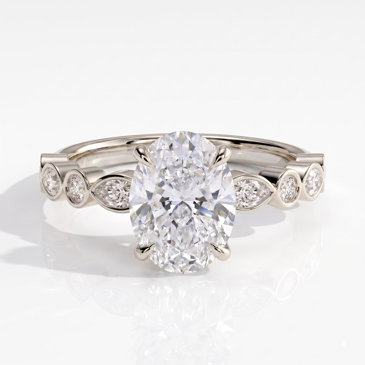 Oval lab-grown diamond bezel-set halo engagement ring in 950 platinum, front view 