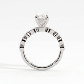 Oval lab-grown diamond bezel-set halo engagement ring in 18K (750) white gold, side profile 