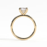 Oval lab-grown diamond halo engagement ring in 18K (750) yellow gold, side profile 