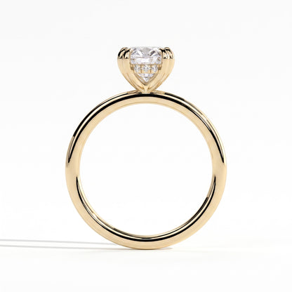 Oval lab-grown diamond halo engagement ring in 18K (750) yellow gold, side profile 