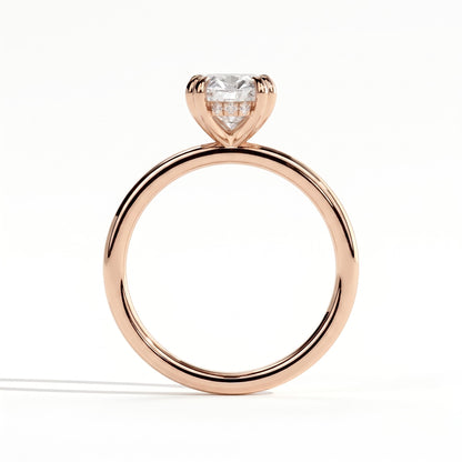 Oval lab-grown diamond halo engagement ring in 18K (750) rose gold, side profile 