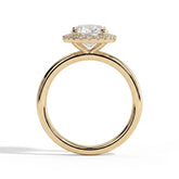 Oval lab-grown diamond halo engagement ring in 14K (585) yellow gold, side profile 