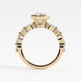 Oval lab-grown diamond bezel-set halo engagement ring in 14K (585) yellow gold, side profile 