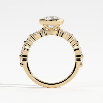 Oval lab-grown diamond bezel-set halo engagement ring in 14K (585) yellow gold, side profile 
