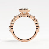 Oval lab-grown diamond bezel-set halo engagement ring in 14K (585) rose gold, side profile 