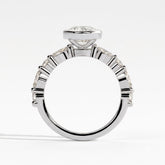 Oval lab-grown diamond bezel-set halo engagement ring in 14K (585) white gold, side profile 