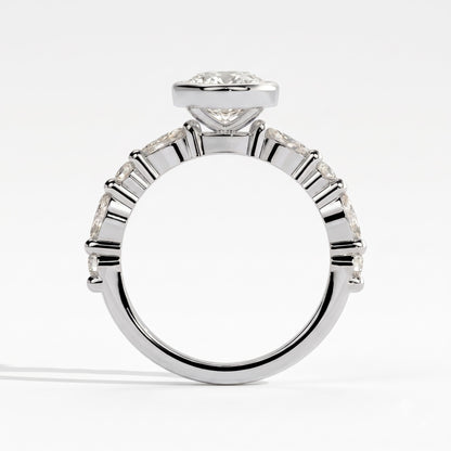 Oval lab-grown diamond bezel-set halo engagement ring in 14K (585) white gold, side profile 