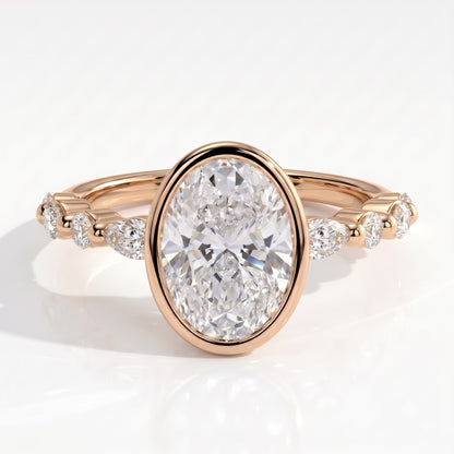 Oval lab-grown diamond bezel-set halo engagement ring in 14K (585) rose gold, front view 