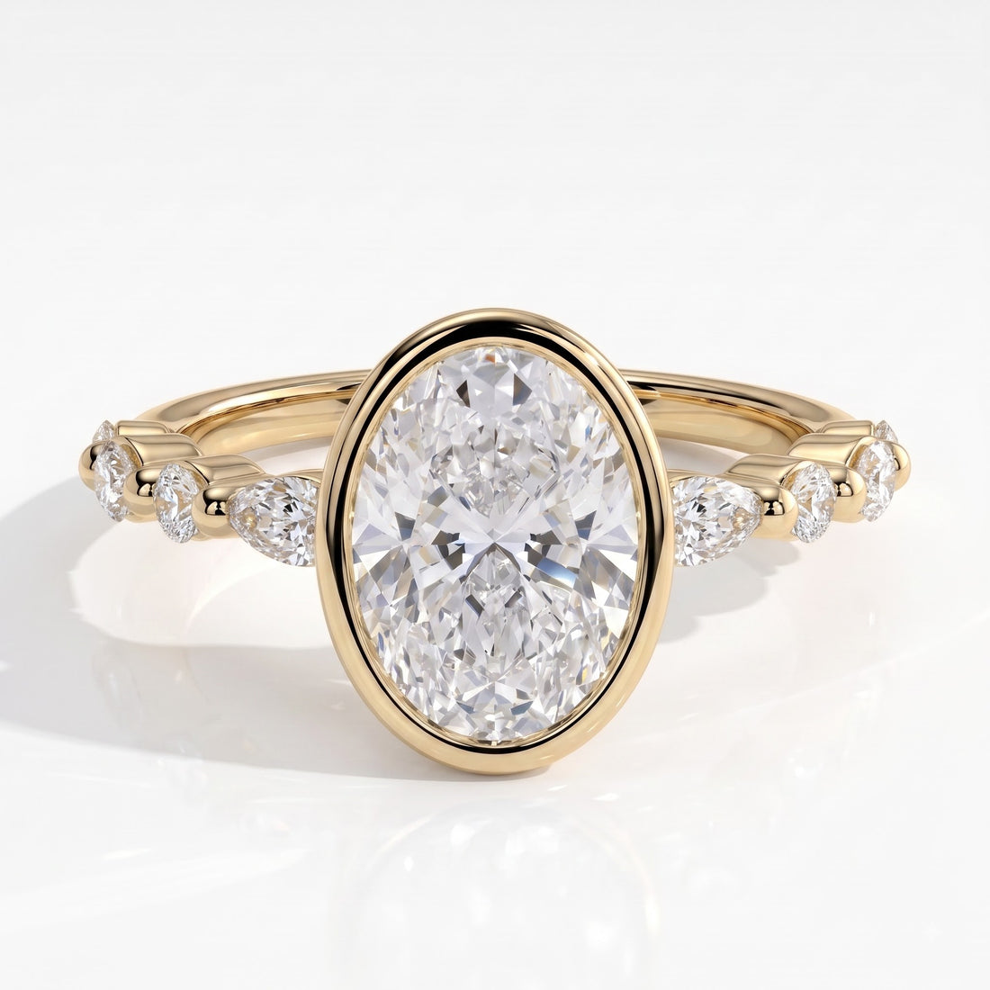 Oval lab-grown diamond bezel-set halo engagement ring in 14K (585) yellow gold, front view 