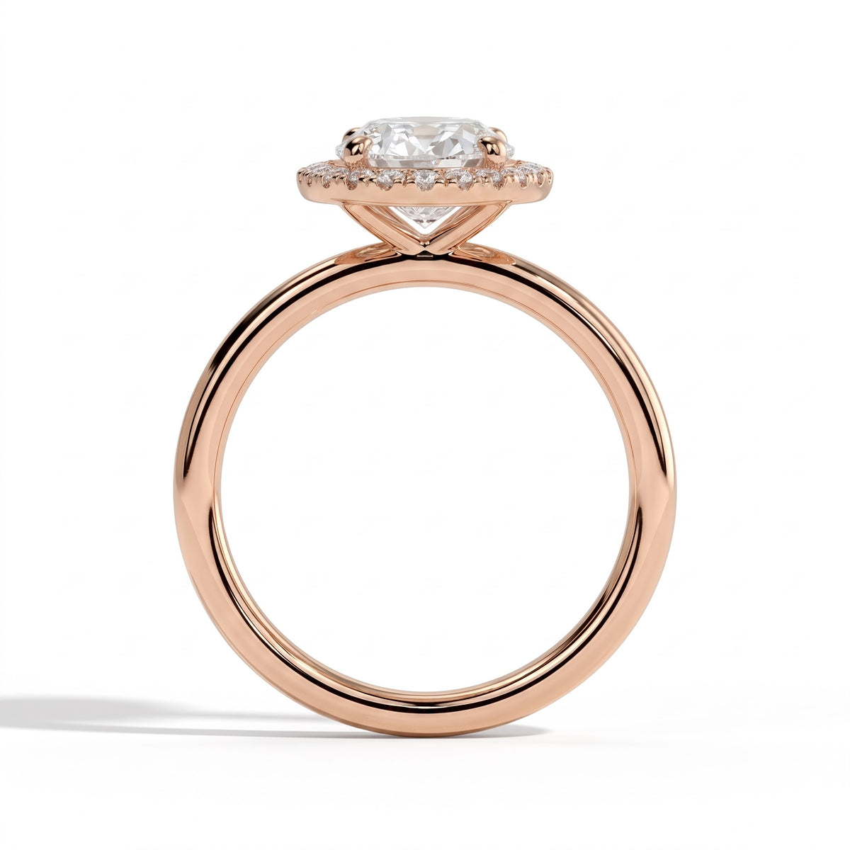 Oval lab-grown diamond halo engagement ring in 18K (750) rose gold, side profile 