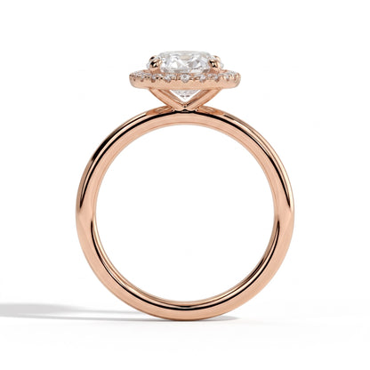 Oval lab-grown diamond halo engagement ring in 18K (750) rose gold, side profile 