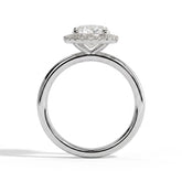 Oval lab-grown diamond halo engagement ring in 18K (750) white gold, side profile 