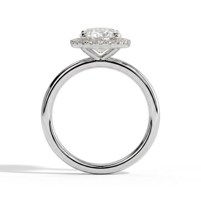 Oval lab-grown diamond halo engagement ring in 18K (750) white gold, side profile 